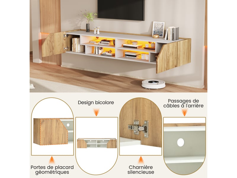  Meuble tv mural, 180 x 36,5 x 40 cm, blanc et finition bois, avec éclairage led, 2 portes au design géométrique et espaces de rangement  - Conforama E