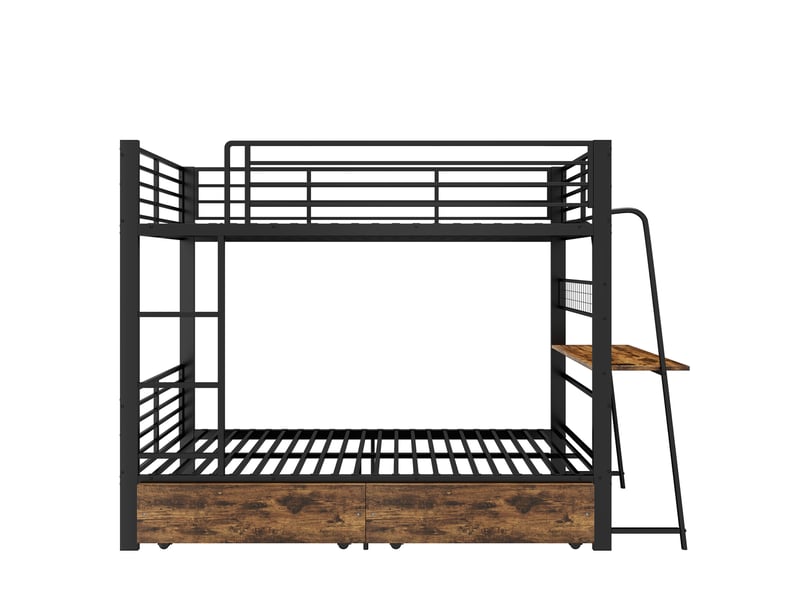  Lit superposé 90x200 cm avec bureau, led et tiroirs en métal et mdf couleur noir et brun, sans matelas, design industri  - Conforama A