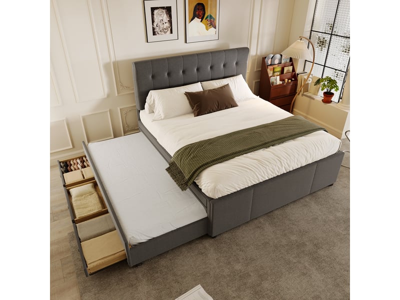  Lit simple 140x200cm, lit enfant avec trois tiroirs de rangement, lit extensible à roulettes, tête de lit réglable en hauteur, gris  - Conforama C