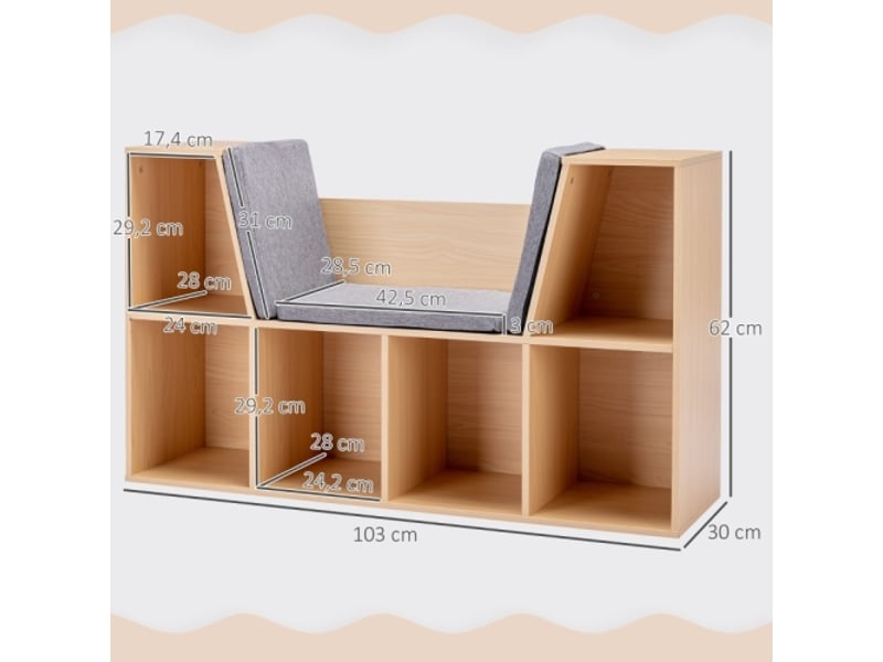 Banc coffre enfant grisnaturel, bibliothèque 6 compartiments, 3 coussins, rangement jouets, 103x30x62 cm  - Conforama C