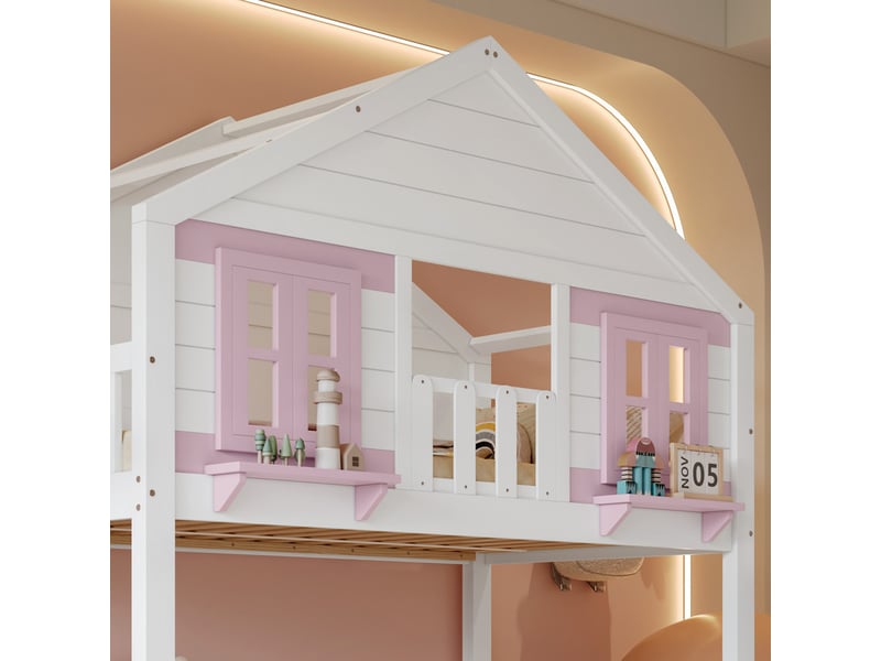 Lit superposé enfant 90x200 cm - avec lit gigogne - avec escalier de rangement et armoire - bois massif + mdf - blanc (sans matelas) - Conforama R