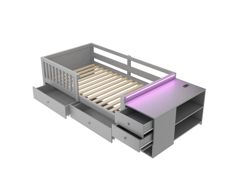 Lit rangement 90 x 200 cm lit simple rangement séparé lit avec tiroirs doubles fonction bureau prise électrique intégrée éclairage led étagères de rangement barrière de sécurité semi-ouverte finition grise - Conforama E