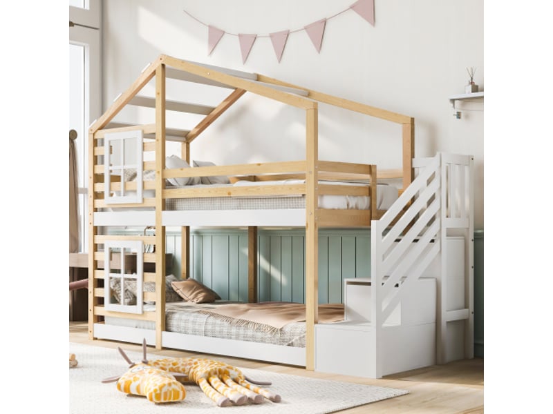  Lit superposé enfant 90x200 cm avec fenêtre, espace de rangement et protection antichute, sans matelas, blanc  - Conforama B