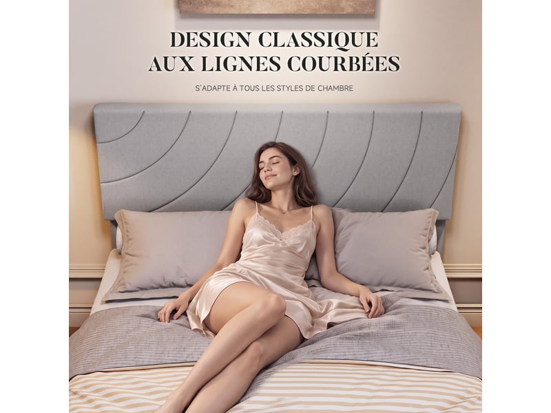  Lit 140 x 190 avec sommier à lattes, lit double avec cadre de lit rembourré, tête de lit réglable, pieds antidérapants, gris  - Conforama D