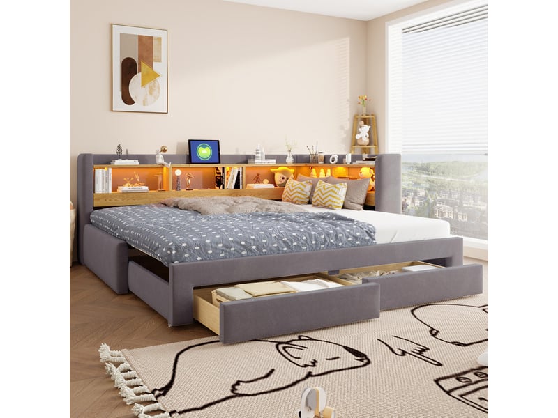  Lit gigogne,90x200cm/180x200 cm,3 en 1 avec tiroirs led prises,velours,gris  - Conforama D