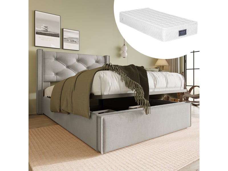  Lit capitonné,90x200 cm,avec coffre et matelas,coton,gris clair  - Conforama D