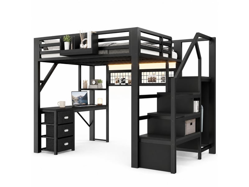  Lit mezzanine 140x200 cm, bureau intégré, 3 tiroirs rangement led, garde-corps sécurité, métal et mdf noir sans matelas  - Conforama A