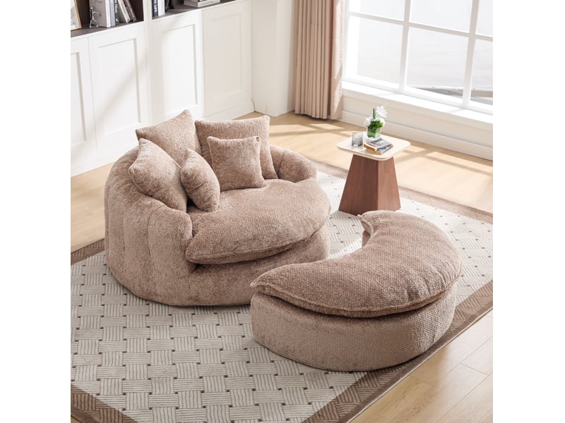  Fauteuil rond surdimensionné 138x190.5x63 cm, dossier large, coussins inclus, mousse dense, polyester, café  - Conforama D