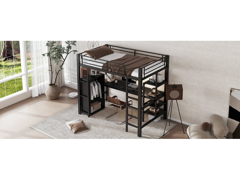  Lit superposé en métal noir 90x200 cm avec bureau armoire et 5 marches en fer et panneaux de particules pour enfants et adolescents Sol Morn - Conforama E