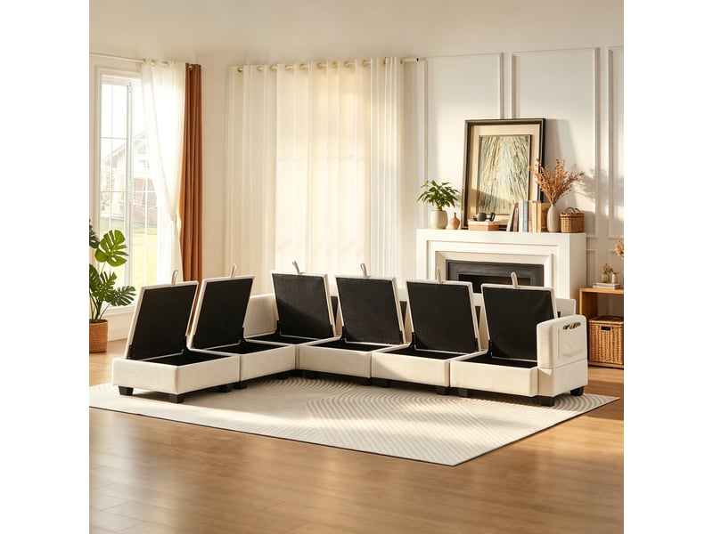  Canapé d’angle, modulable en chenille, forme u, ottomane de rangement, 6 places avec méridienne, 87,6x289,6x141 cm, beige  - Conforama D