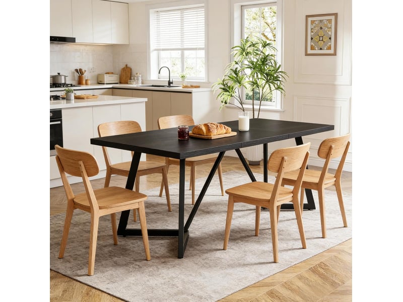  Table de salle à manger rectangulaire 180 cm avec plateau en mdf et pieds métalliques noirs pour salle à manger  - Conforama E