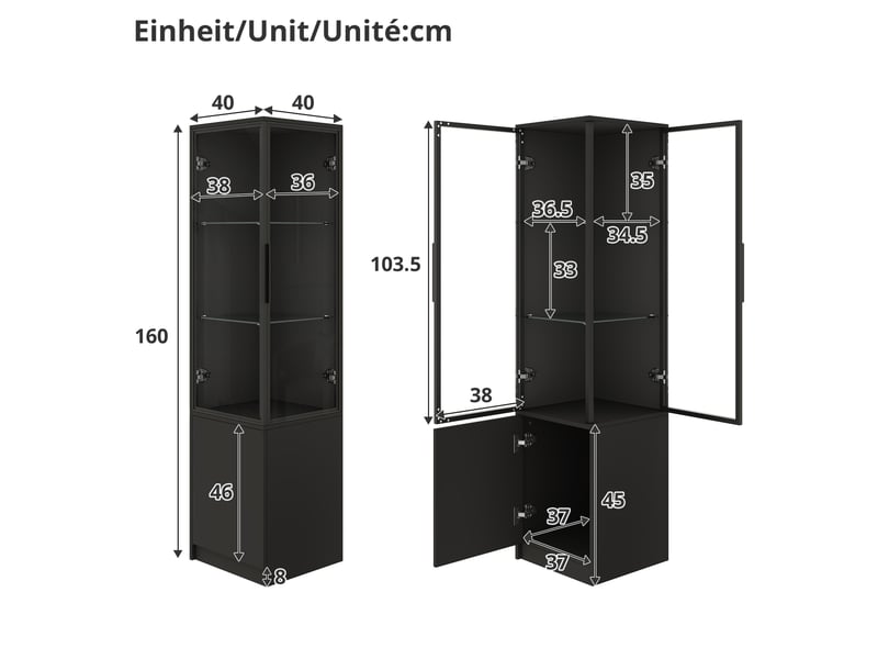 Vitrine d’angle 40x40x160 cm noire avec led contrôlée par application - Conforama C