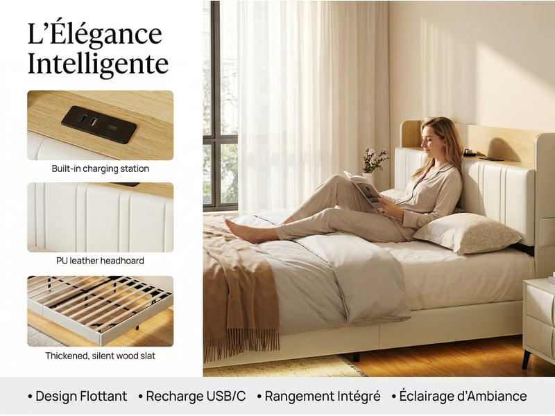  Lit 2 places 140x190 adulte en tissu beige avec tête de lit 2 placese – lit 2 places  avec éclairage led intégré et sommier à lattes  - Conforama E
