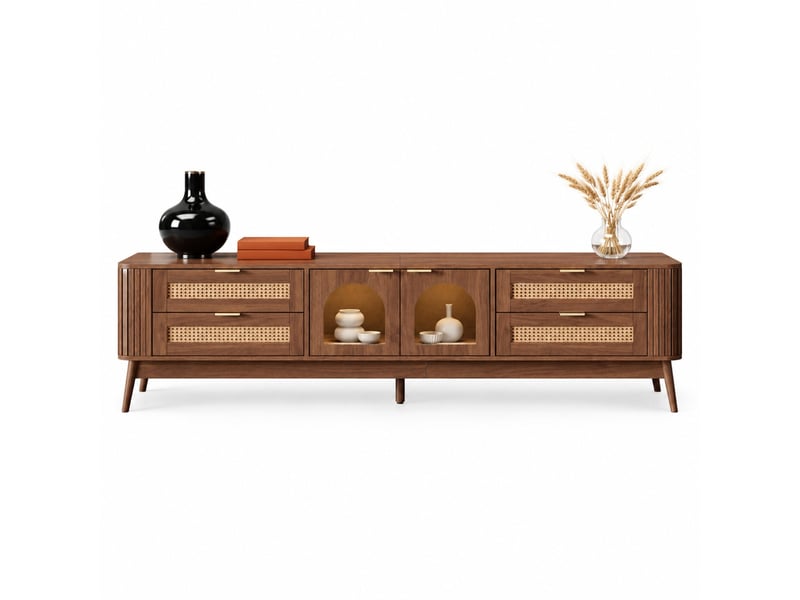  Meuble tv avec 4 tiroirs, 2 portes en verre de sécurité et éclairage led pour salon, noyer, 180 × 40 × 50 cm  - Conforama A