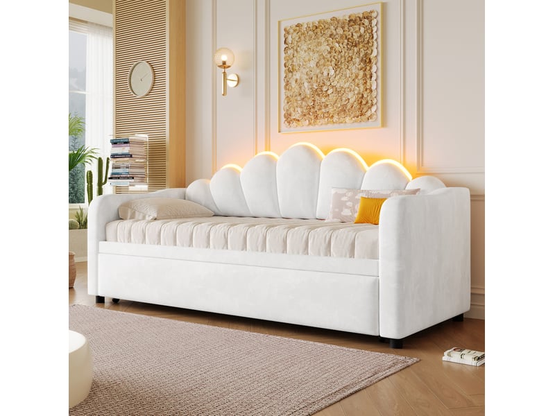 Lit banquette gigogne 90x200cm, lit enfant, éclairage led, design sobre, pour chambre, en mdf, tissu finition velours, coloris blanc, sans matelas  - Conforama D