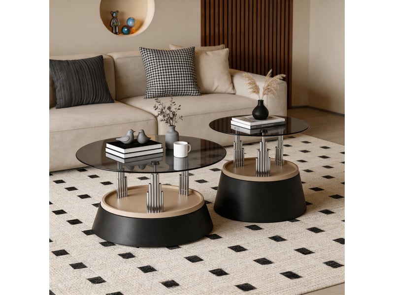  Tables basses gigognes avec 2 plateaux ronds en verre trempé, structure métal, style moderne, pour salon  - Conforama E