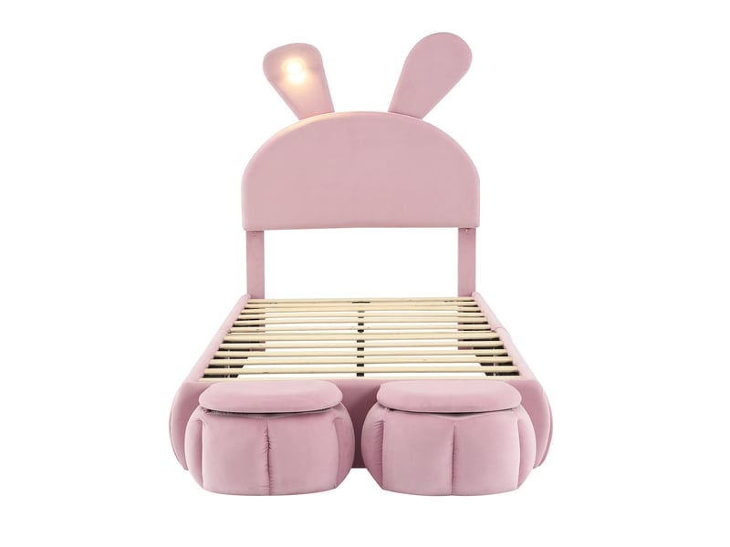  Lit enfant 90x200 cm, lit simple avec tête de lit oreilles de lapin et led réglable, structure en bois et velours avec 2 poufs de rangement, rose  - Conforama D