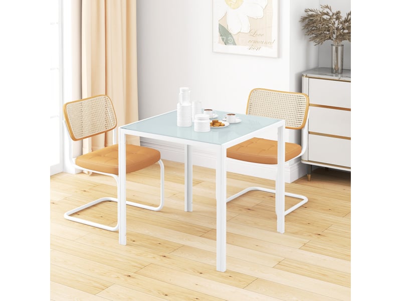  Table de salle à manger pour 4 personnes avec plateau en verre et cadre métal, pour cuisine, blanc, 75 × 75 × 75 cm  - Conforama C