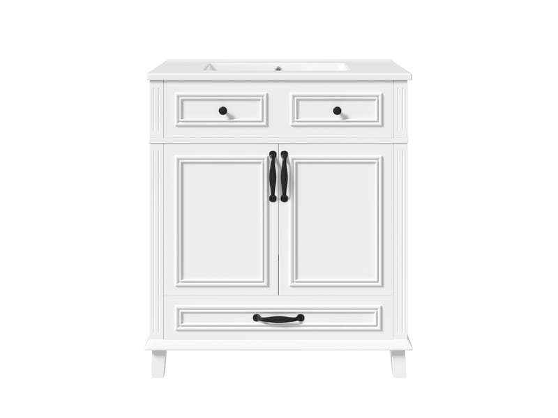  Meuble vasque salle de bain blanc 77 cm avec lavabo céramique intégré, 9 rangements et portes soft-close  - Conforama A