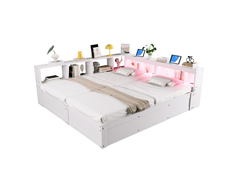  Lit banquette double 90180 x 200 cm blanc en bois avec coffre hydraulique, prise eu, led, rangements, convertible en 2 lits simples  - Conforama A