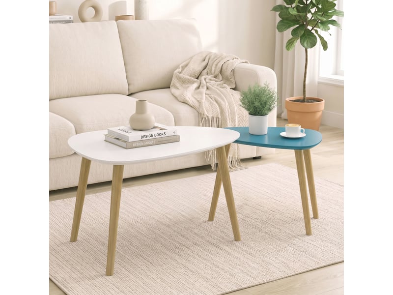  Lot de 2 tables basses gigognes design pieds scandinave en bois et plateau en bois, blanc et bleu  - Conforama A