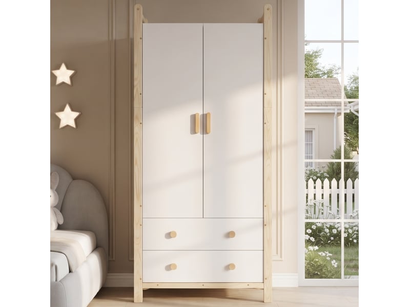 Armoire 2 portes 89,6x44x180,5 cm, penderie 2 tiroirs tringle, métal panneaux de particules bois naturel et blanc  - Conforama D