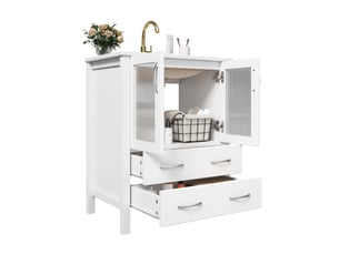 Meuble sous vasque 61 cm, lavabo en céramique, tiroirs - portes en verre cannelé mdf blanc 61 × 47 × 86 cm