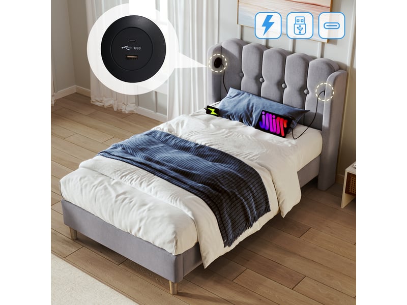  Lit capitonné simple 90x200 cm en lin gris, prises usb-c, tête rembourrée, cadre à lattes et matelas fourni  - Conforama E