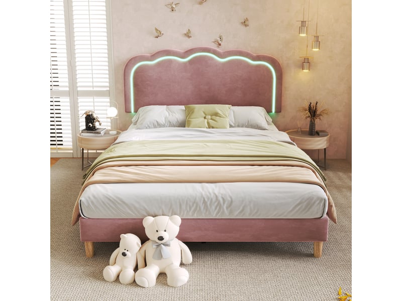  Lit double 200×140 cm avec tête de lit réglable et éclairage led, sans matelas, en velours rose  - Conforama C