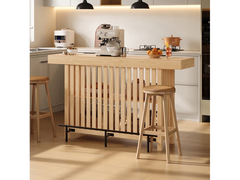  Desserte bar avec repose-pieds et 2 étagères, mdf bois clair, 160 x 40 x 105 cm, pour cuisine et repas quotidiens  - Conforama B