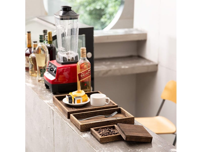  Plateau de service en bois de paulownia, avec poignées  7pcs pour vaisselle, boissons, petit-déjeuner  - Conforama B
