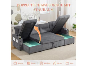Canapé droit fixe   4 places Velours côtelé gris avec coffre de rangement