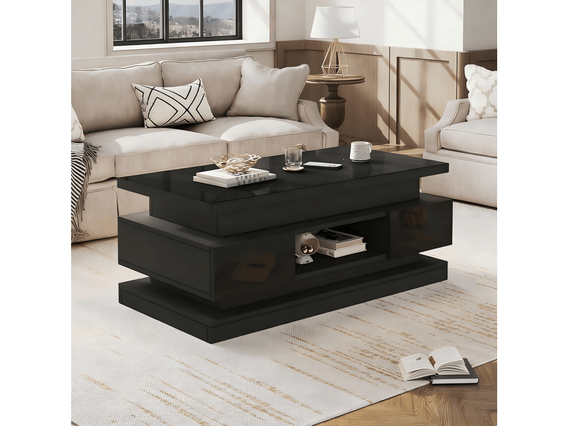  Table basse relevable 100x50x40 cm avec led et 2 tiroirs en panneaux de particules noir  - Conforama C