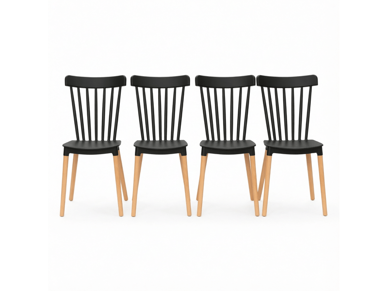  Lot de 4 chaises de salle à manger noires en polypropylène, pieds en bois clair, style scandinave moderne  - Conforama A