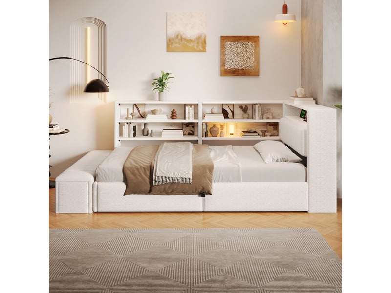  Canapé convertible 90 x 200 cm - coffre de rangement hydraulique - éclairage led - port usb - prise électrique intégrée - blanc  - Conforama D