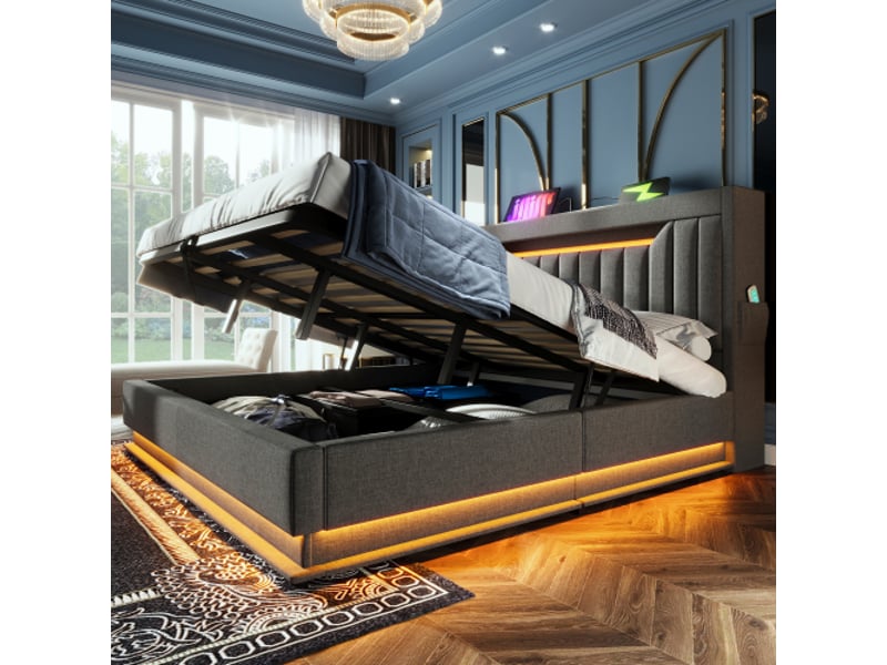  Lit capitonné 140x200 cm - rangements tête et pied, led, usb-c, hydraulique, gris lin, matelas inclus  - Conforama D