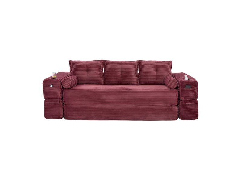  Canapé convertible 3 places avec poches, porte-gobelets et coussins à mémoire de forme, en velours côtelé rouge  - Conforama A