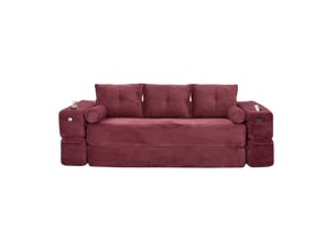 Canapé convertible 3 places avec poches, porte-gobelets et coussins à mémoire de forme, en velours côtelé rouge