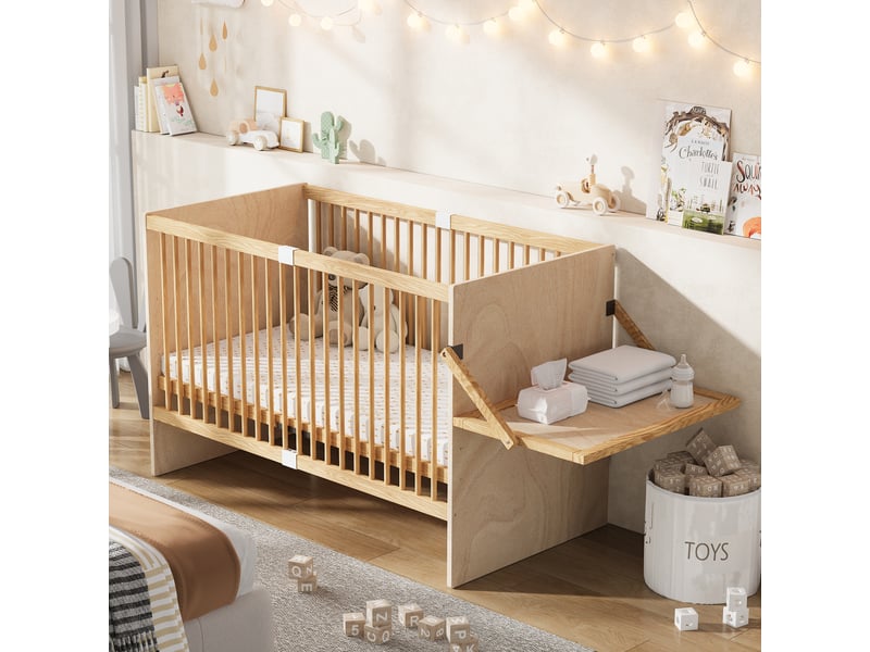  Lit bébé avec barrière 1 place, table à langer rabattable, 4 hauteurs - okmyhome- sans matelas, bois naturel  - Conforama B