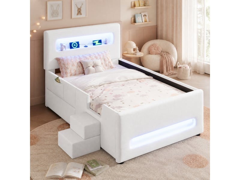  Lit enfant 90x200cm, style confort, bandeaux avec éclairage led, escaliers, tiroirs, espace de rangement, mdf, pu, blanc sans matelas  - Conforama B
