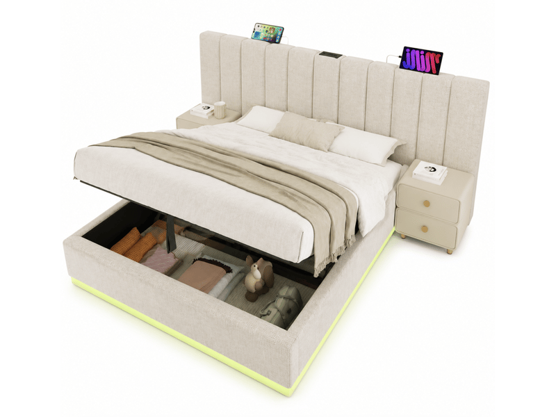  Lit coffre 180x200 cm avec led et ports usb et type-c, tête de lit, en lin, beige, matelas inclus  - Conforama A