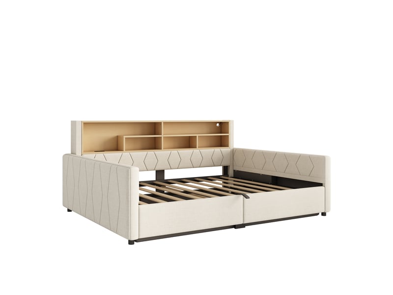  Lit banquette 140 x 200 cm avec coffre hydraulique, led, usb-a et usb-c, lin beige  - Conforama A