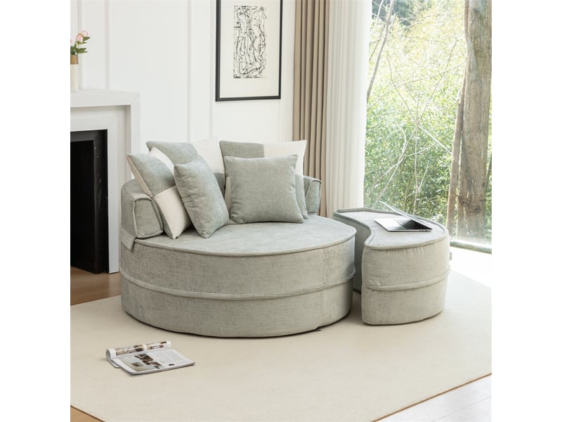  Canapé rond avec 5 coussins et repose-pieds - 163x121x66cm - fauteuil lounge en chenille douce sans structure - vert menthe  - Conforama C