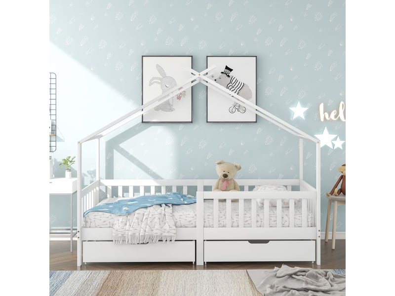 Lit cabane enfant 90x200cm - avec 2 tiroirs de rangement - lit enfant - bois massif, barrière de sécurité, sommier à lattes, blanc  - Conforama E