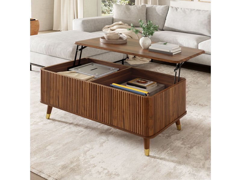  Table basse 97x52x56,5 cm, plateau relevable, grand rangement, façade ondulée, style vintage pour salon et séjour - noyer  - Conforama D