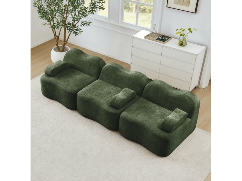  Canapé modulable 3 places vert en velours, forme ondulée  - Conforama C