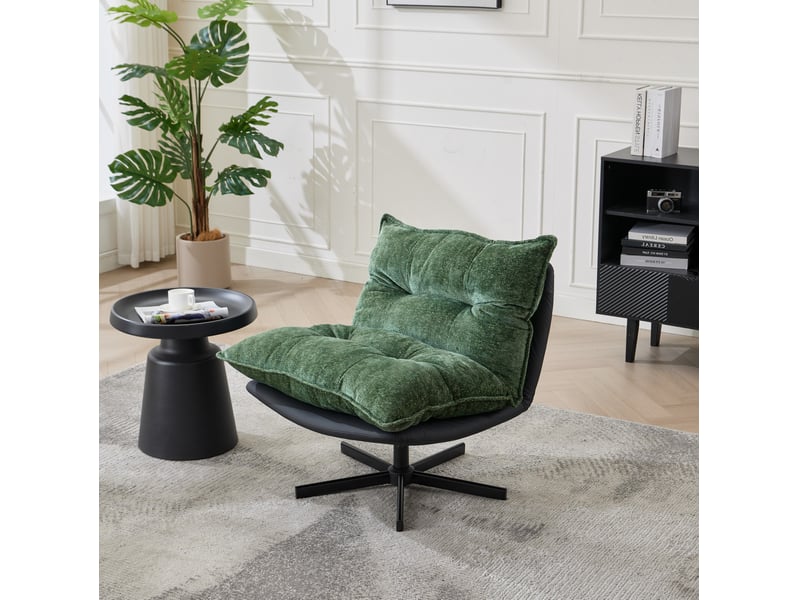  Fauteuil pivotant relax avec dossier réglable et assise en chenille, base métallique noire, vert foncé et noir  - Conforama B