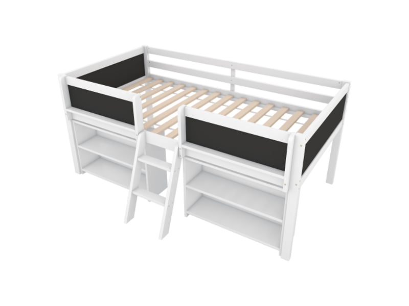  Lit mi-hauteur, 90 x 200 cm, plusieurs étagères de rangement, barrière de sécurité, échelle, bois de pin, sans matelas, style minimaliste, blanc  - Conforama D