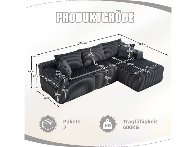 Canapé modulable 257 x 90-160 x 62 cm, méridienne, module 2 places, 5 coussins, porte-gobelets, poches latérales, velours côtelé, gris Bliss Lite - Conforama C