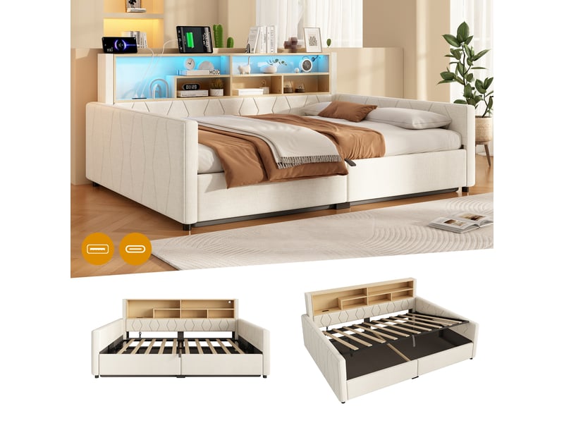  Lit coffre hydraulique 140x200 cm avec led, usb-a et usb-c, tissu lin beige, structure mdf, sans matelas  - Conforama E